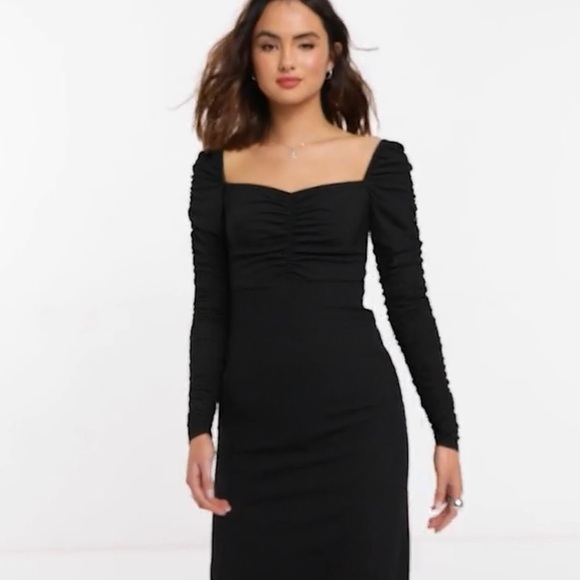 NWT Topshop Black Ribbed Ruched Long Sleeve Midi Dress. Size US 2. Stretchy! - Picture 4 of 15